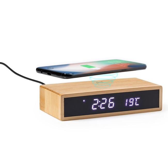 Promotional Bamboo wireless charger 5W, multifunctional clock - GP58309